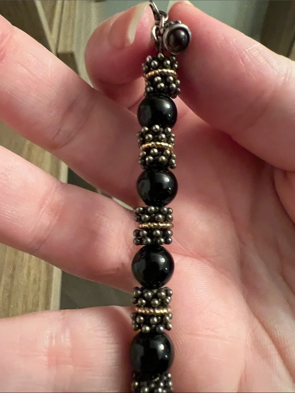 Elegant Black Beaded Bracelet with Antiqued sterling Silver Accents